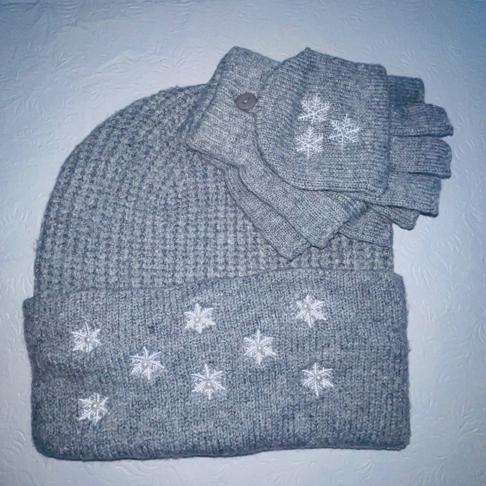 New Snowflake Beanie Glitter Set Knit Gray Embroidered Winter Hat Gloves